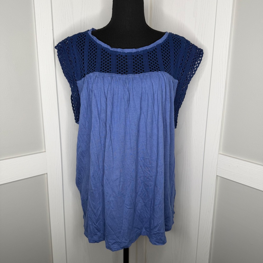 Gap Crochet Lace Yoke Top Women XXL Blue Cap Sleeve Pleated Relaxed Blouse